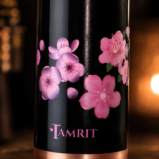 Pink cherry blossom UV embossed design closeup on Tamrit copper bottle