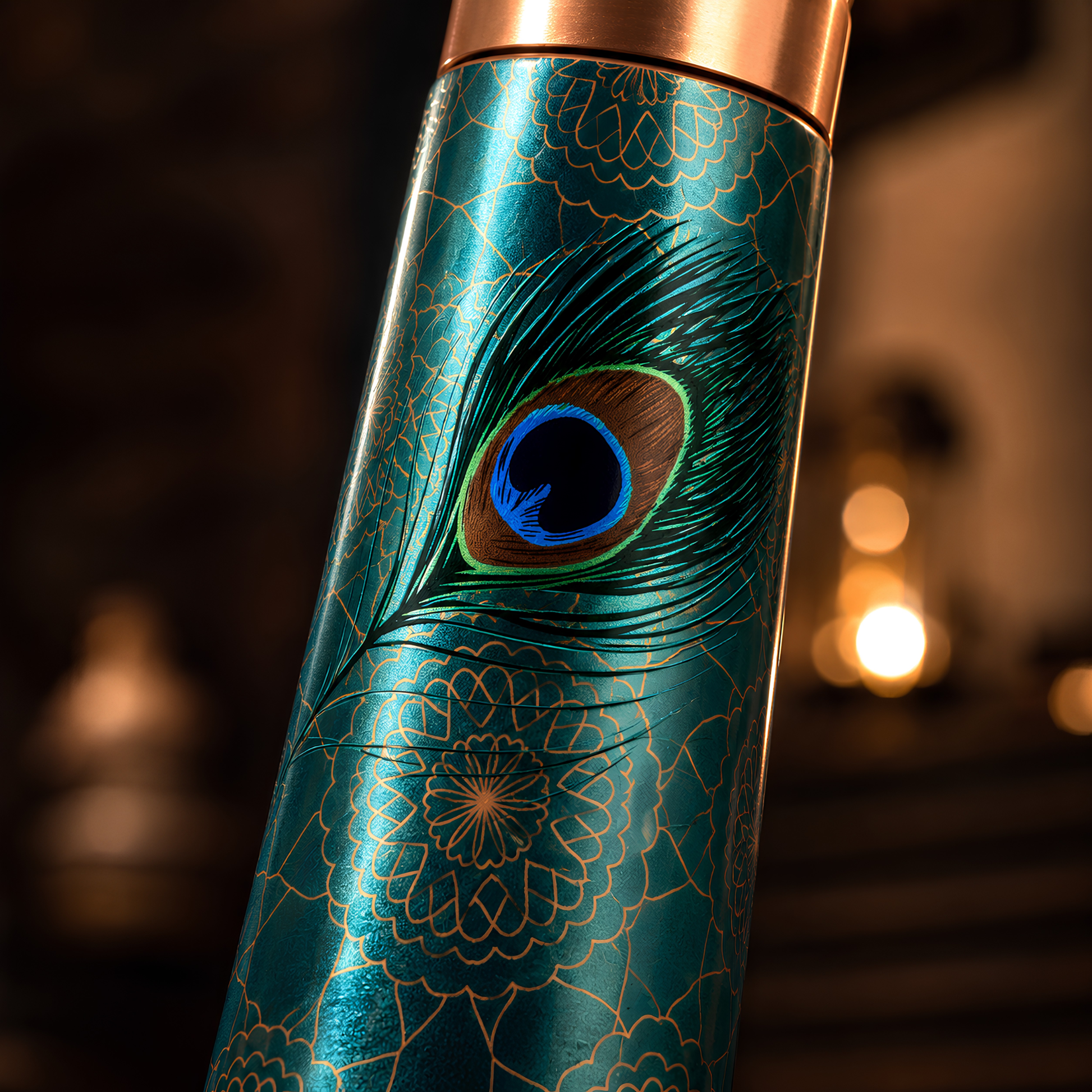 Peacock feather UV embossed design closeup on Tamrit copper bottle