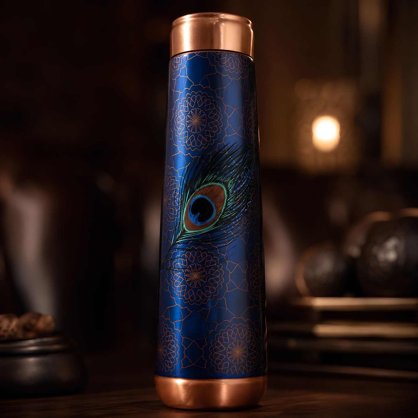 Tamrit Curo teal copper water bottle with peacock feather design
