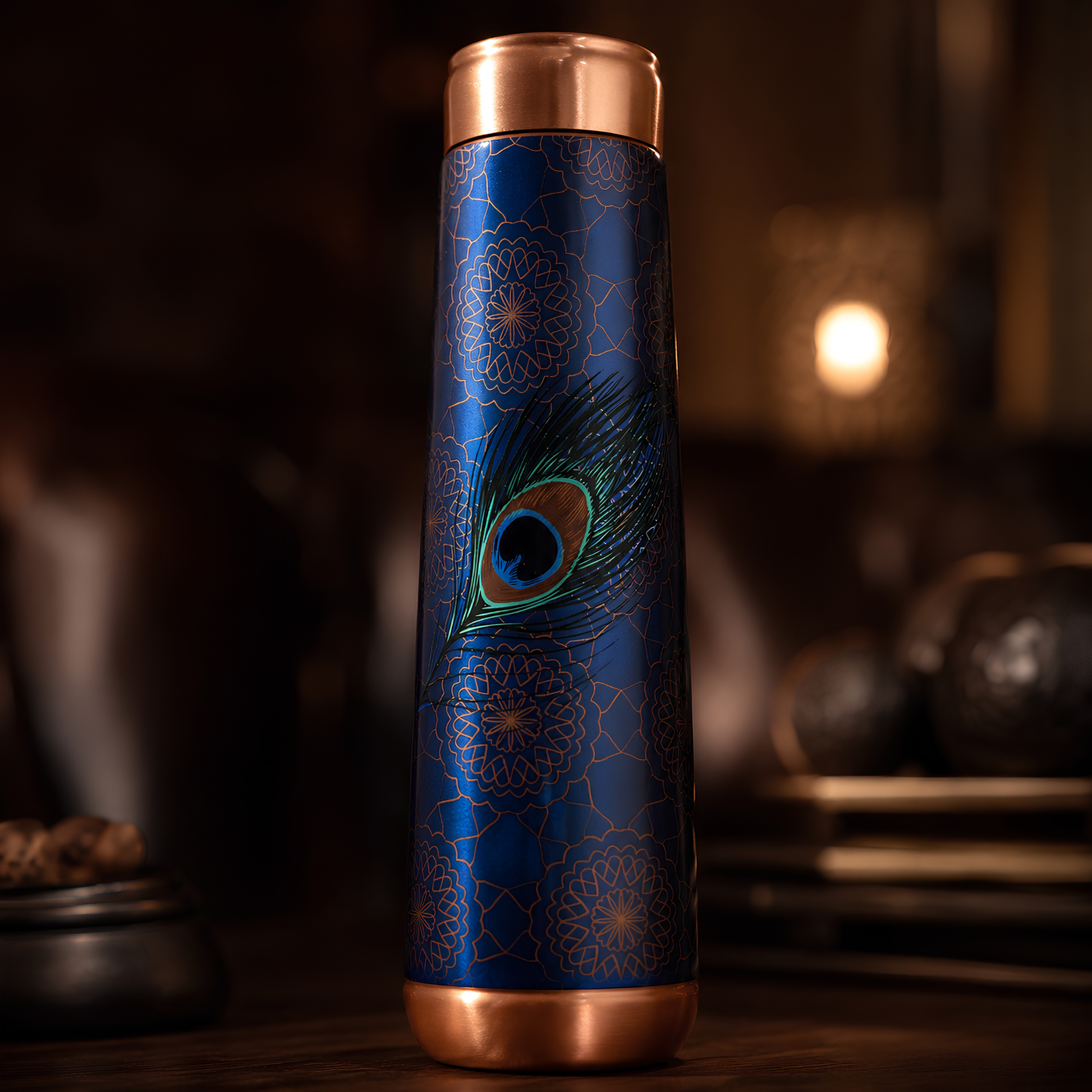 Tamrit Curo teal copper water bottle with peacock feather design
