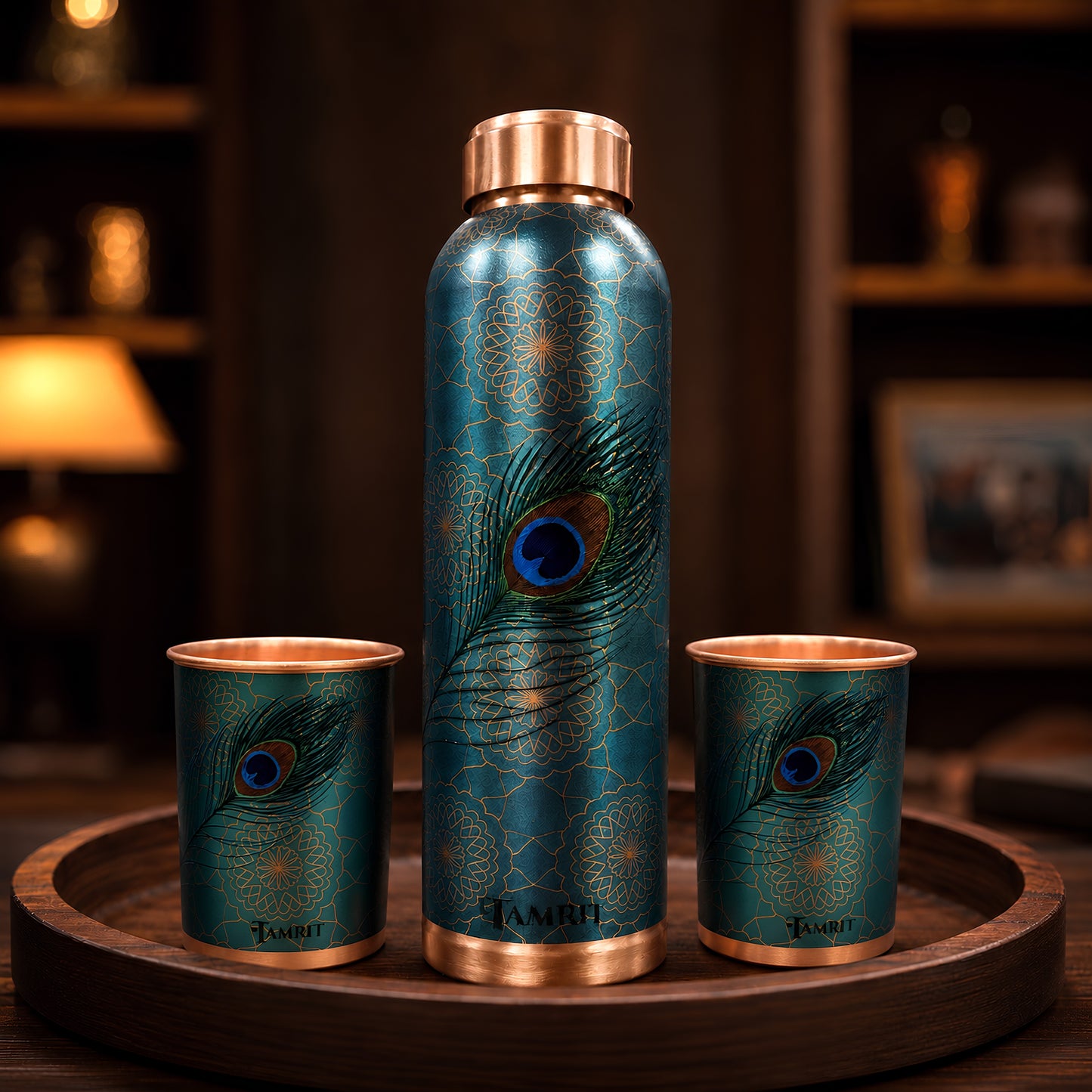 Tamrit CuPro peacock feather 1 Litre copper bottle and glasses gift set