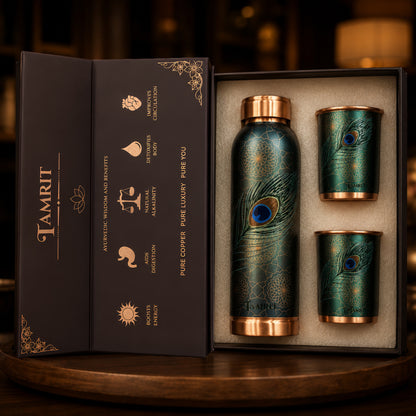 Tamrit copper gift set premium packaging with peacock feather design