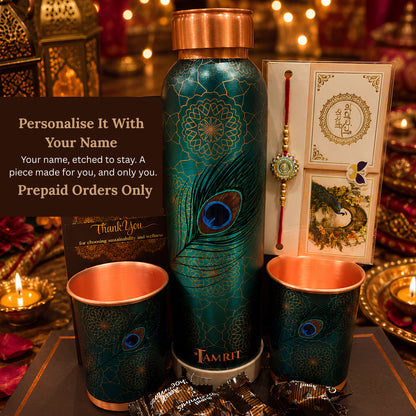 Copper bottle and glass set arranged in brown rigid Rakhi gift box with rakhi and Amul chocolates