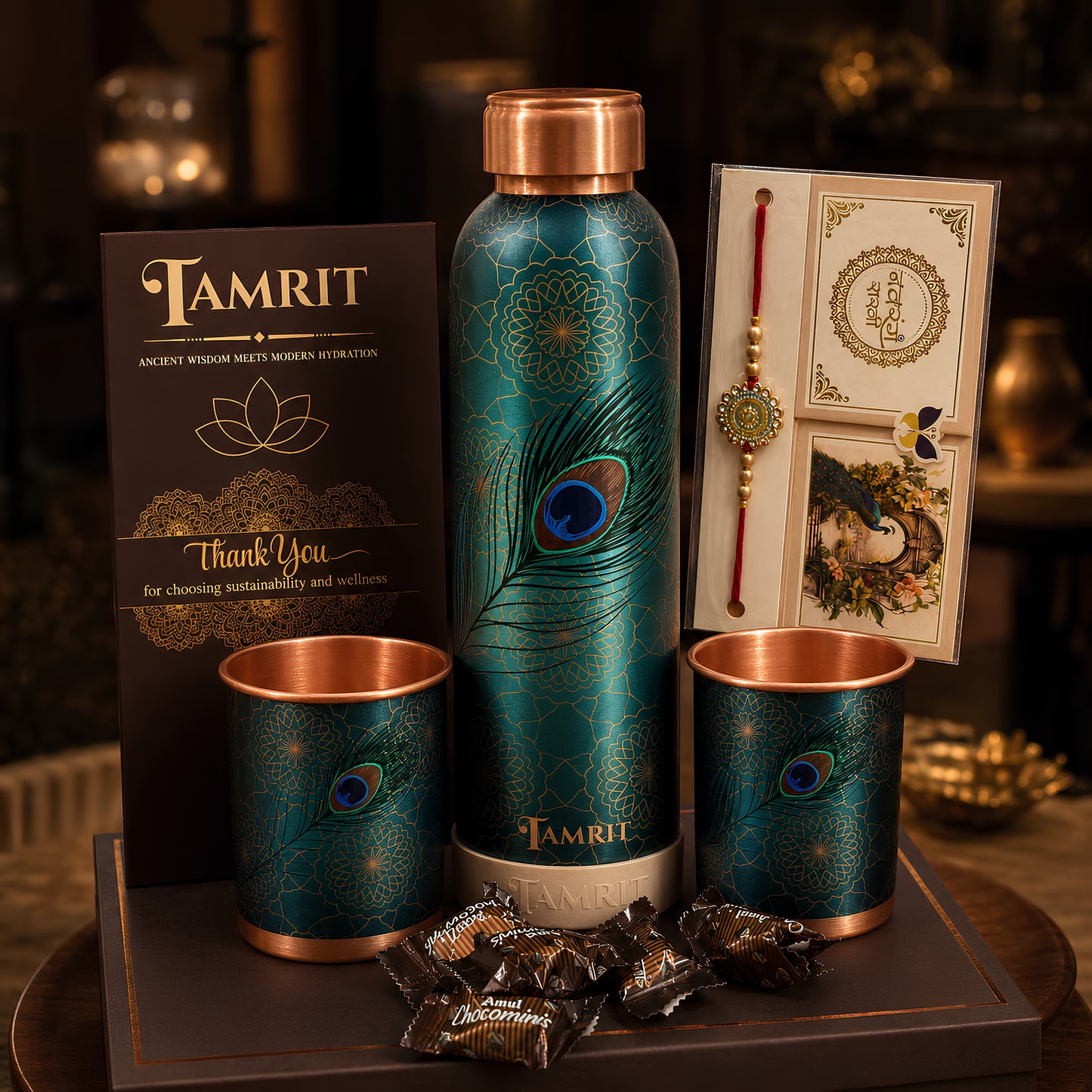 Personalised Rakhi gift hamper with pure copper bottle, 2 glasses, rakhi and chocolates