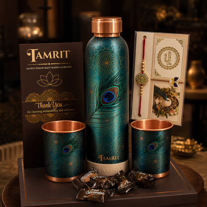 Personalised Rakhi gift hamper with pure copper bottle, 2 glasses, rakhi and chocolates