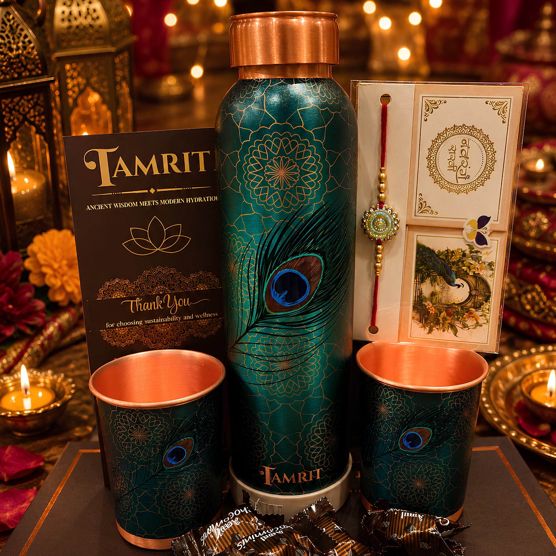 Personalised Rakhi gift hamper with pure copper bottle, 2 glasses, rakhi and chocolates