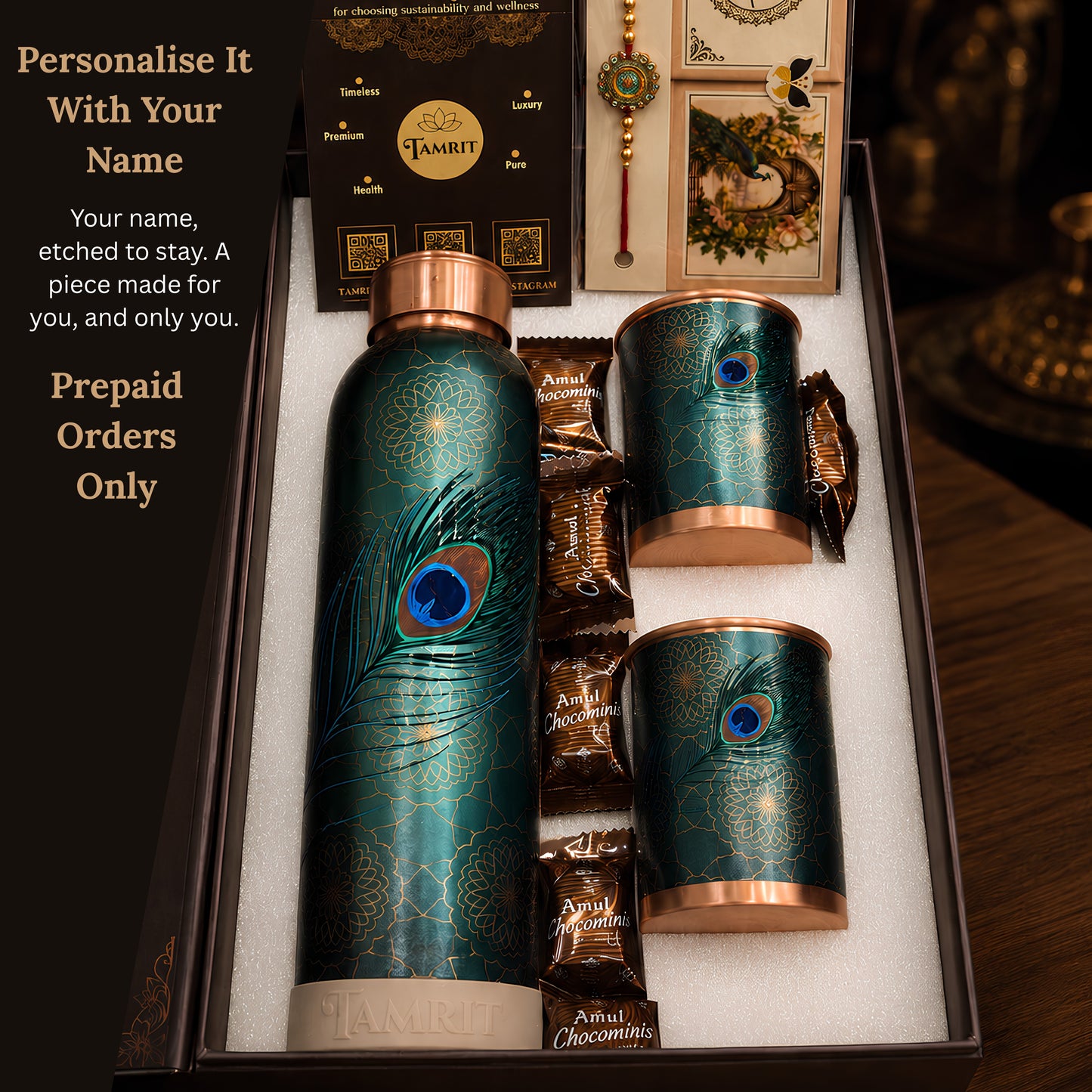 Tamrit Rakhi gift hamper for brother with UV embossed copper bottle and 2 copper glasses