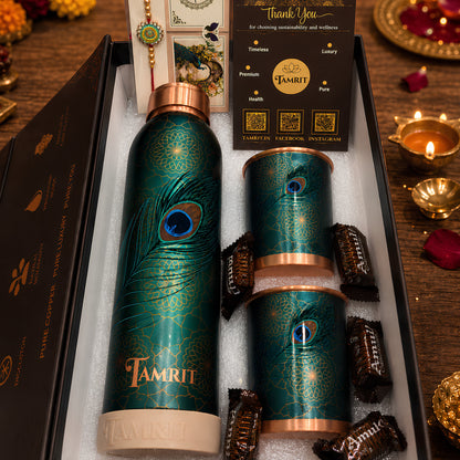 Tamrit Rakhi gift hamper for brother with UV embossed copper bottle and 2 copper glasses