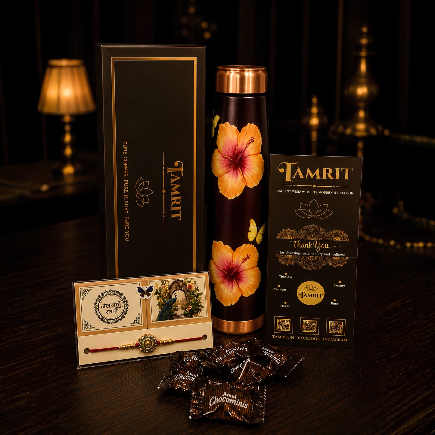 7. Name engraved copper water bottle rakhi gift, personalised 1 Litre bottle with silicone base sleeve