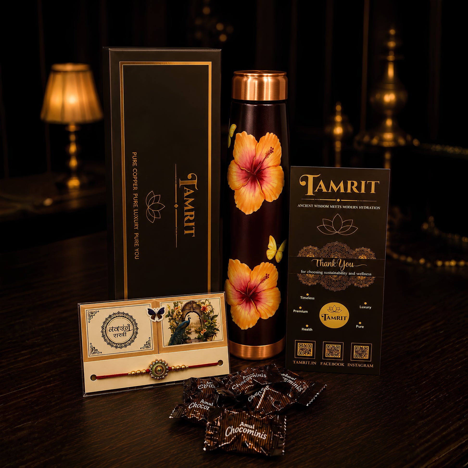 7. Name engraved copper water bottle rakhi gift, personalised 1 Litre bottle with silicone base sleeve