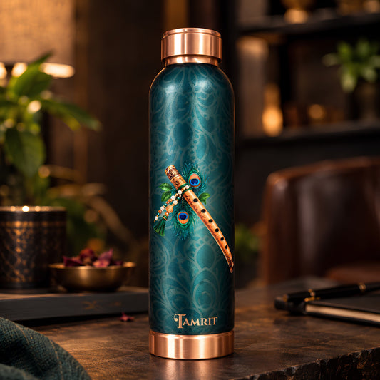 Tamrit CuPro teal 1 Litre copper bottle with Krishna bansuri peacock feather design