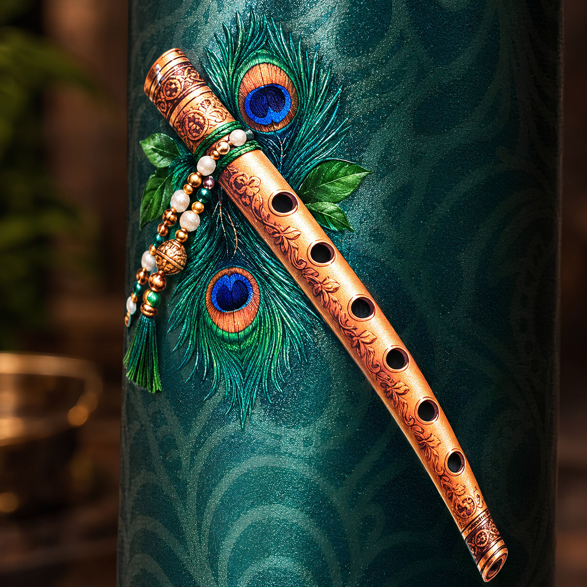 Krishna bansuri flute and peacock feather UV embossed design closeup on Tamrit copper bottle