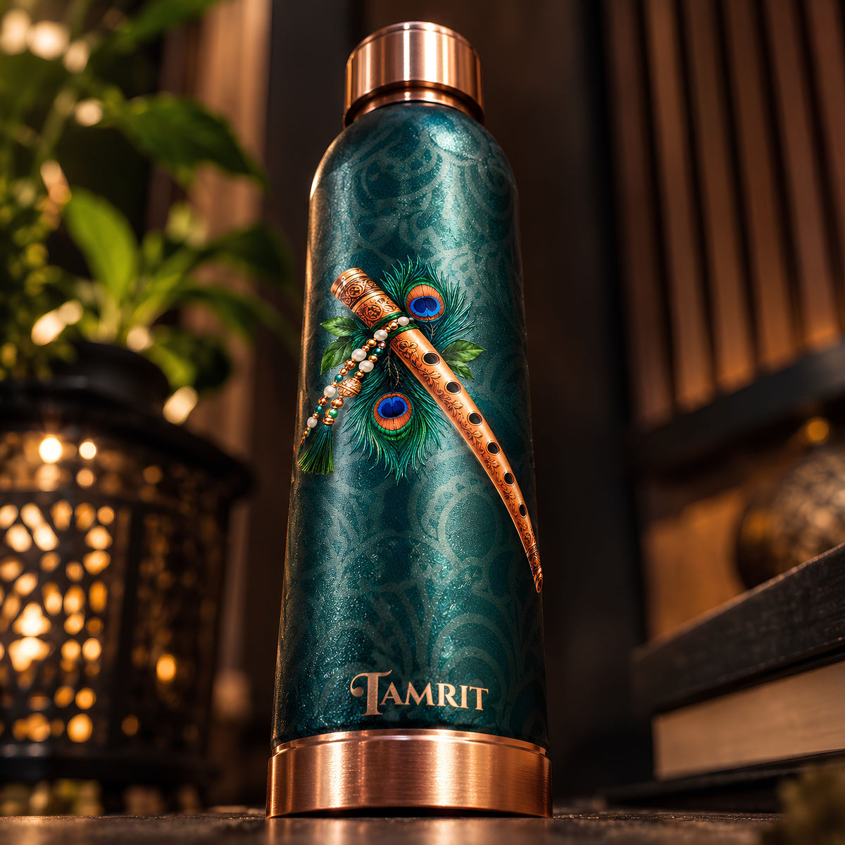 Tamrit CuPro copper bottle standing view, sacred Krishna bansuri print