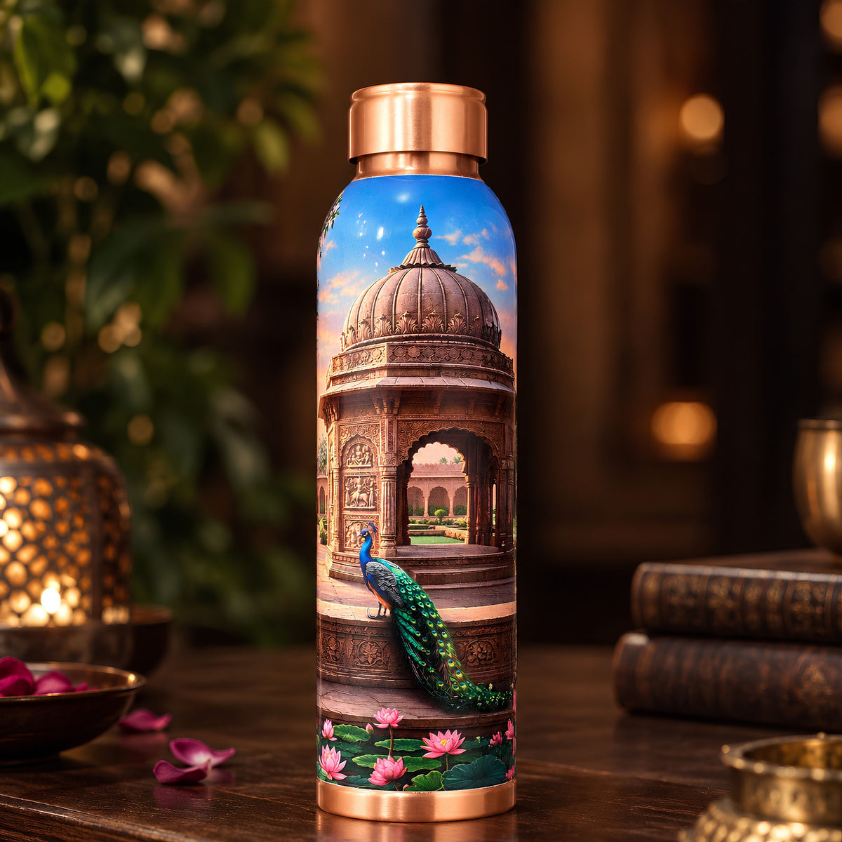 Tamrit CuPro 1 Litre copper bottle with royal Rajasthani palace and peacock art
