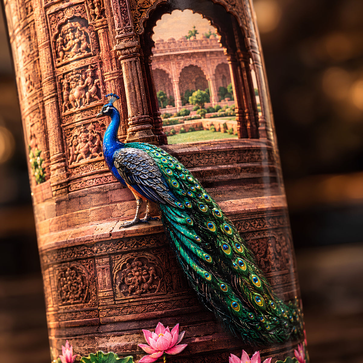 Royal palace, peacock and lotus pond UV embossed design on Tamrit copper bottle