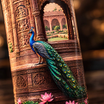 Royal palace, peacock and lotus pond UV embossed design on Tamrit copper bottle