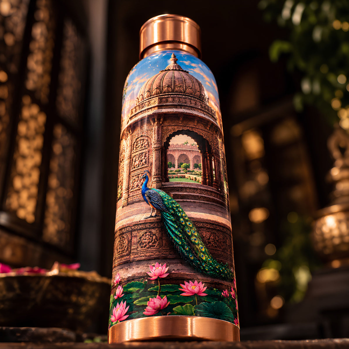 Tamrit copper bottle closeup showing intricate Rajasthani heritage artwork