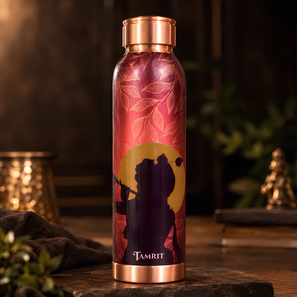 Tamrit CuPro maroon 1 Litre copper bottle with Krishna playing flute