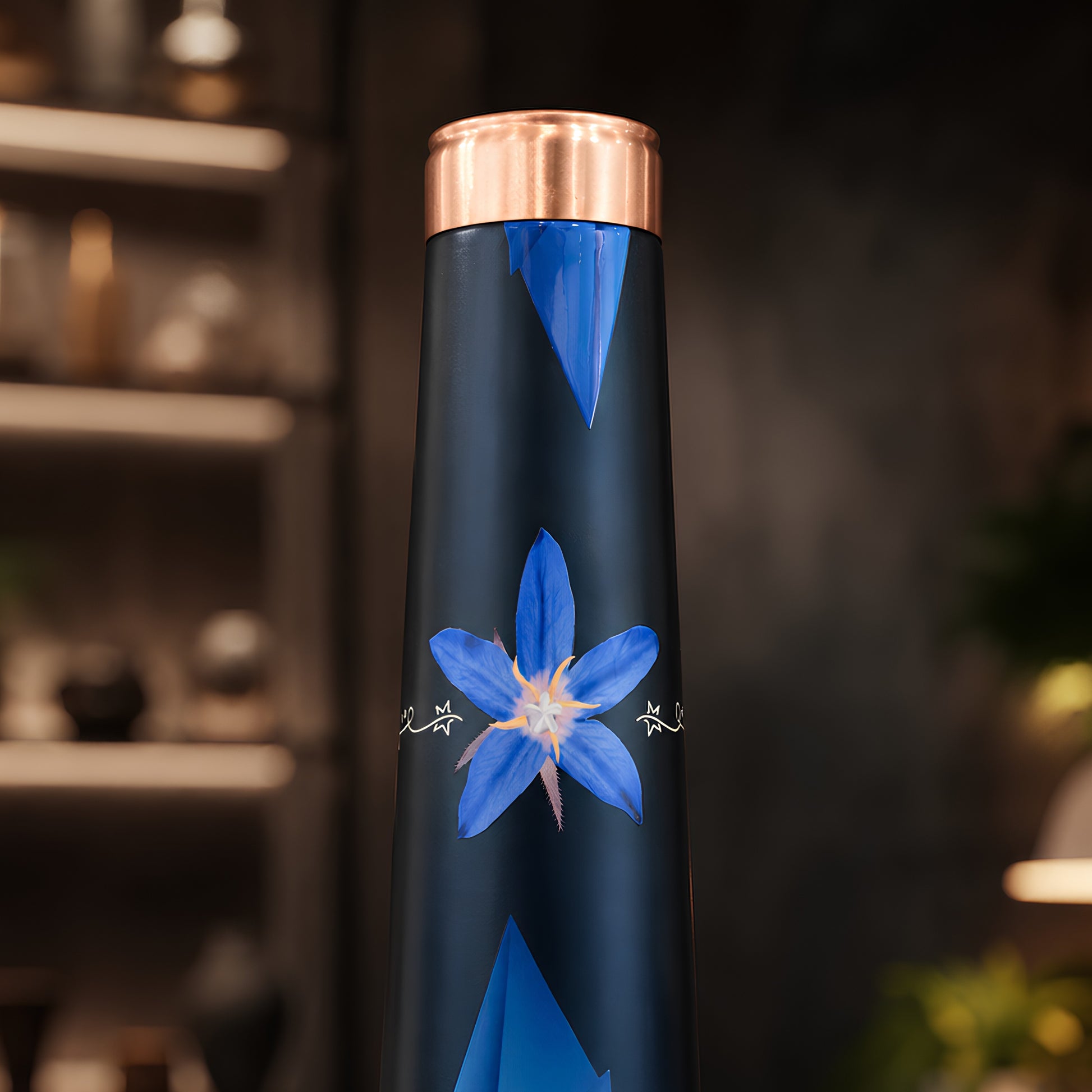 Tamrit CuFit copper bottle standing view, star flower print