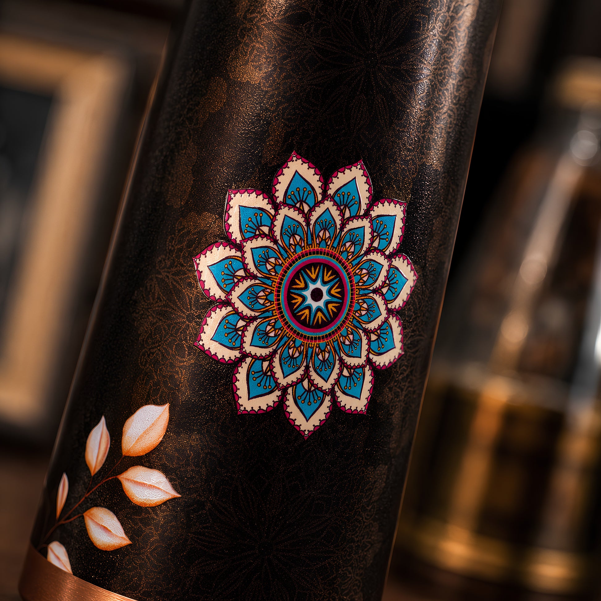 Mandala UV embossed design closeup on Tamrit copper bottle