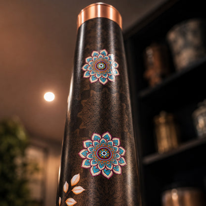 Tamrit CuFit copper bottle standing view, ethnic mandala print