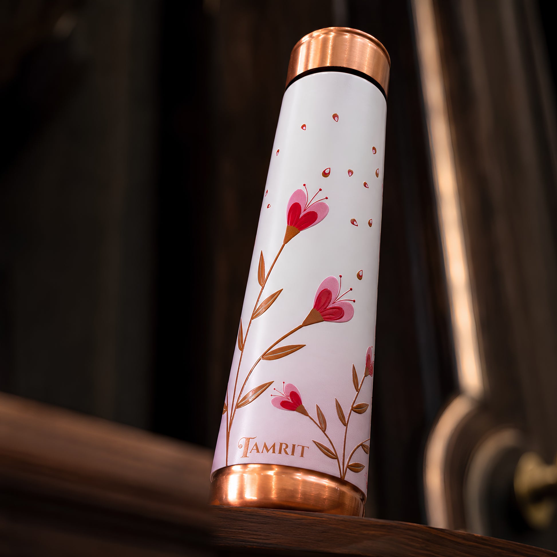Tamrit Curo copper bottle standing view, floral cherry blossom print
