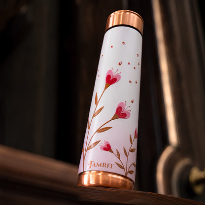 Tamrit Curo copper bottle standing view, floral cherry blossom print