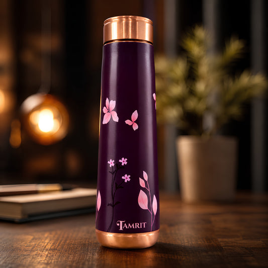 Tamrit Curo maroon 1 Litre copper bottle with pink cherry blossom design