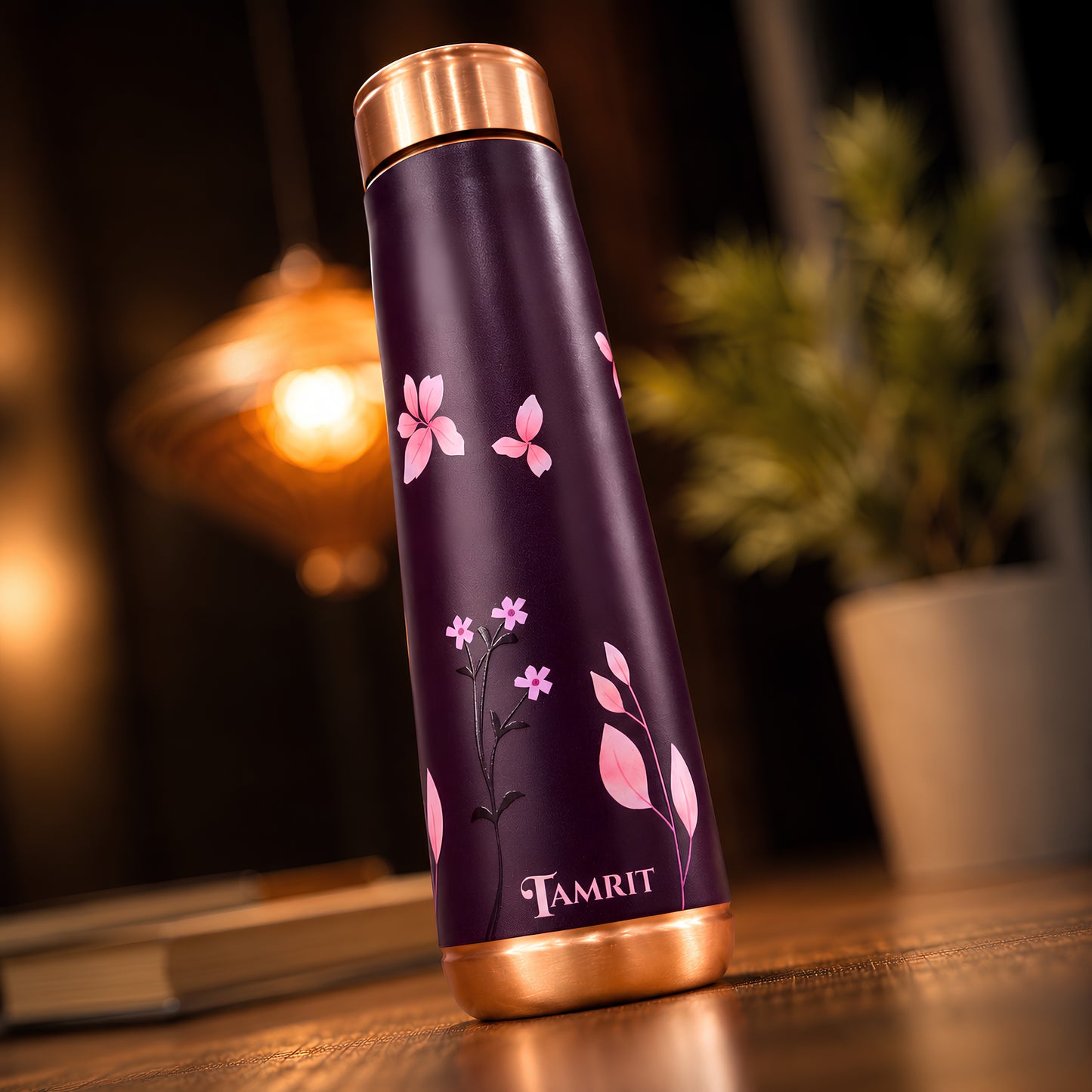 Tamrit Curo copper bottle standing view, floral cherry blossom print