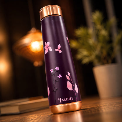Tamrit Curo copper bottle standing view, floral cherry blossom print