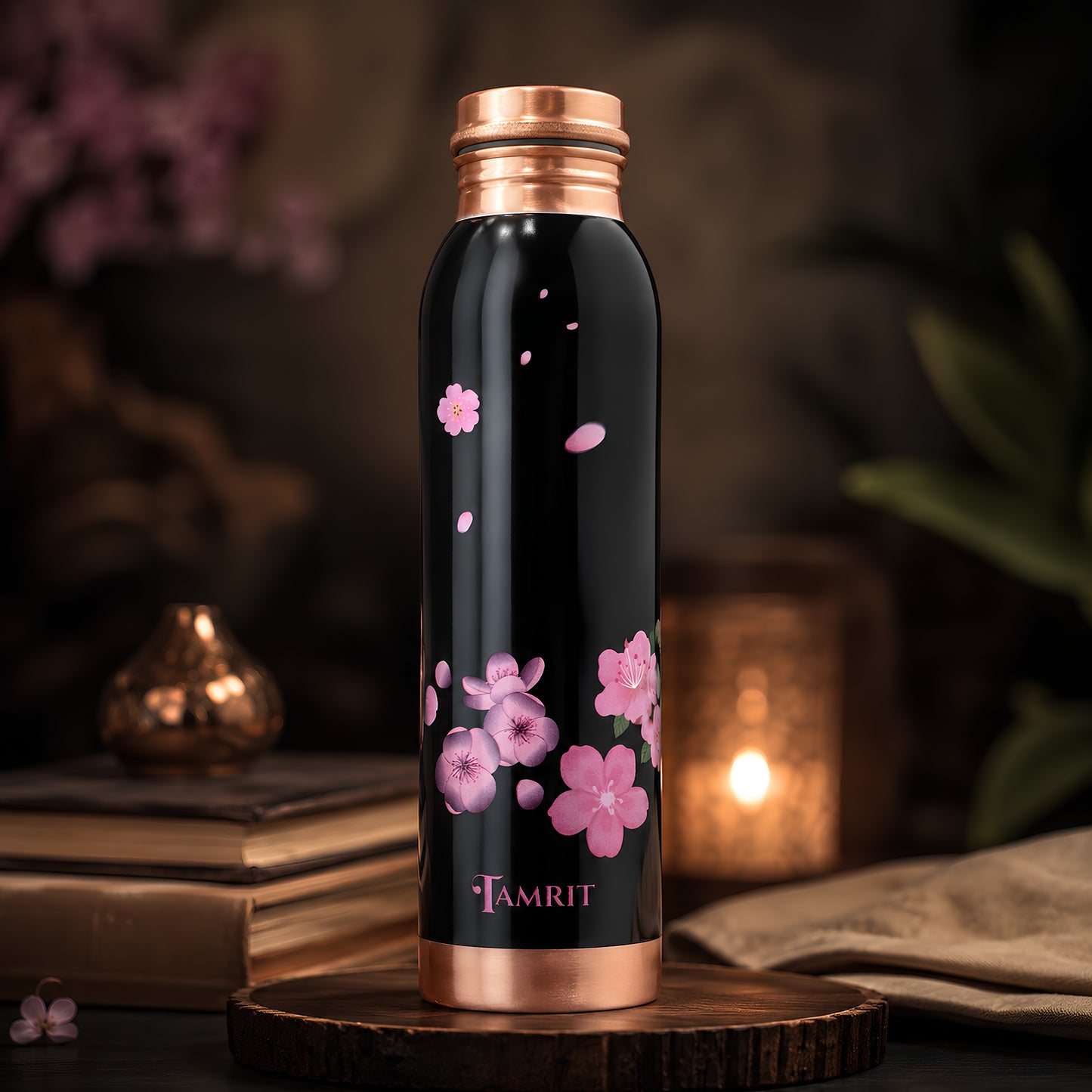Tamrit CuFlow black 1 Litre copper bottle with pink cherry blossom design