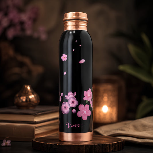 Tamrit CuFlow black 1 Litre copper bottle with pink cherry blossom design