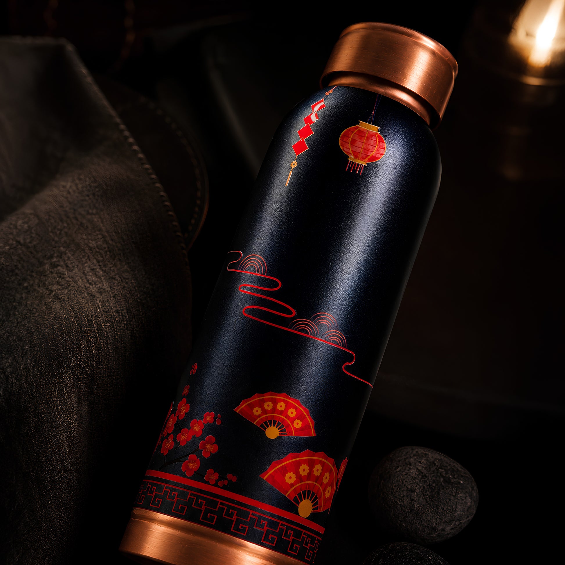 Tamrit CuPro copper bottle standing view, elegant red fan print