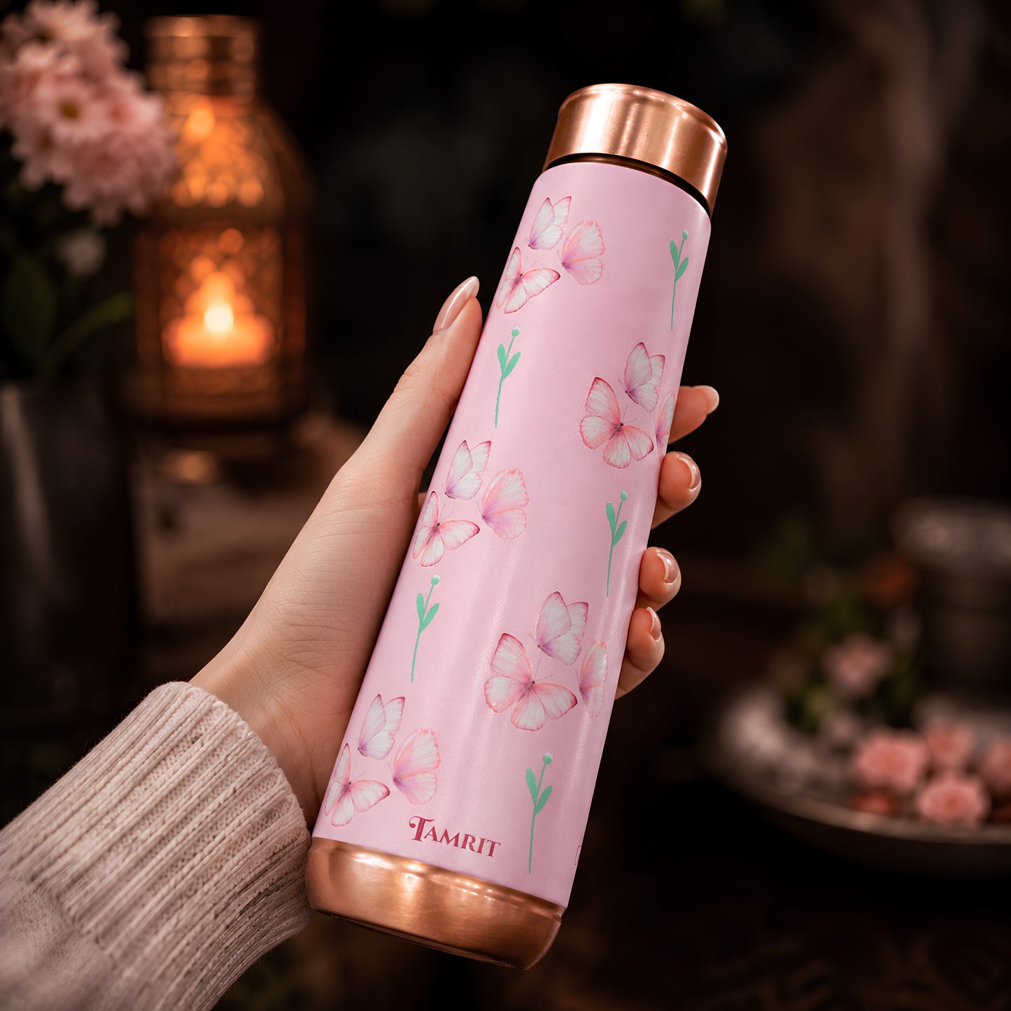 Tamrit Curo copper bottle standing view, pink floral print