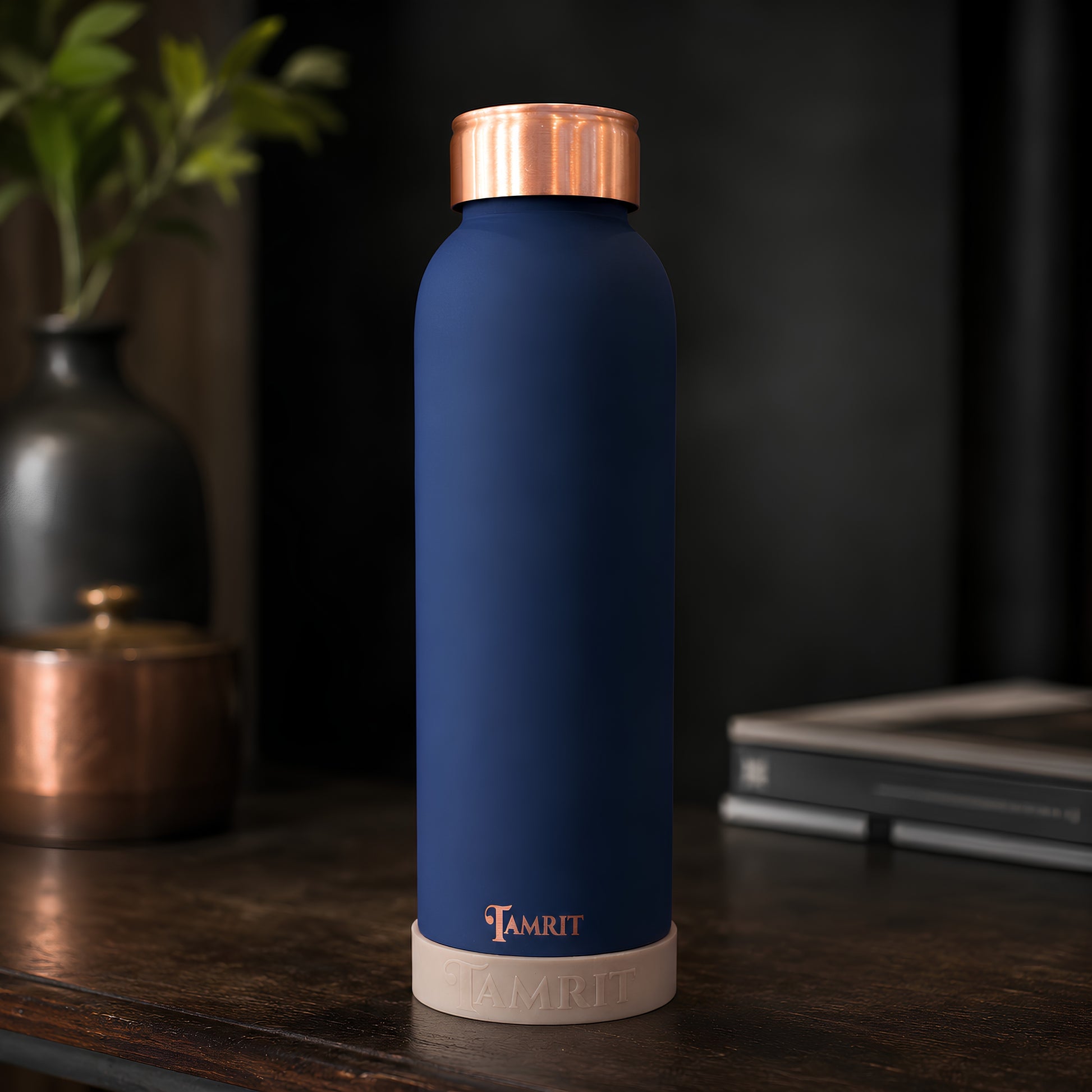 Tamrit CuPro blue copper bottle standing view on wooden table