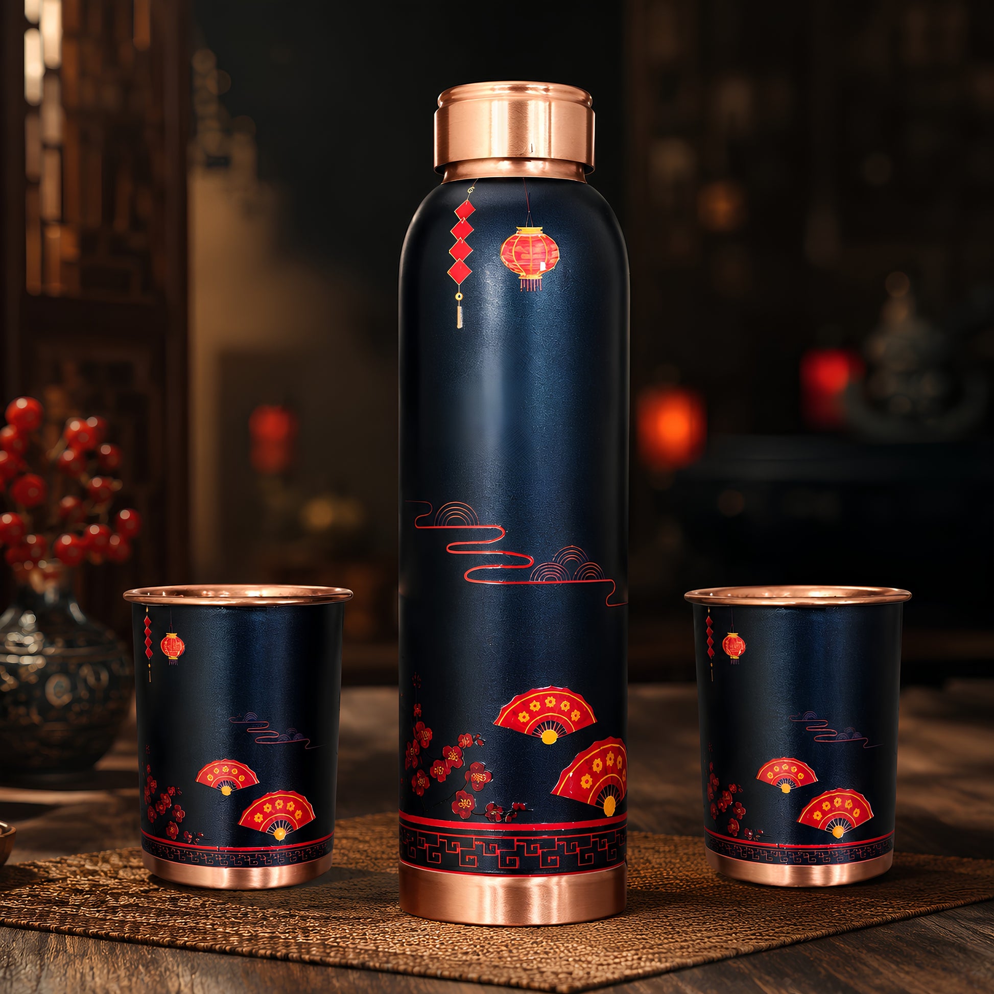 Tamrit CuPro navy blue copper bottle with red floral design gift set