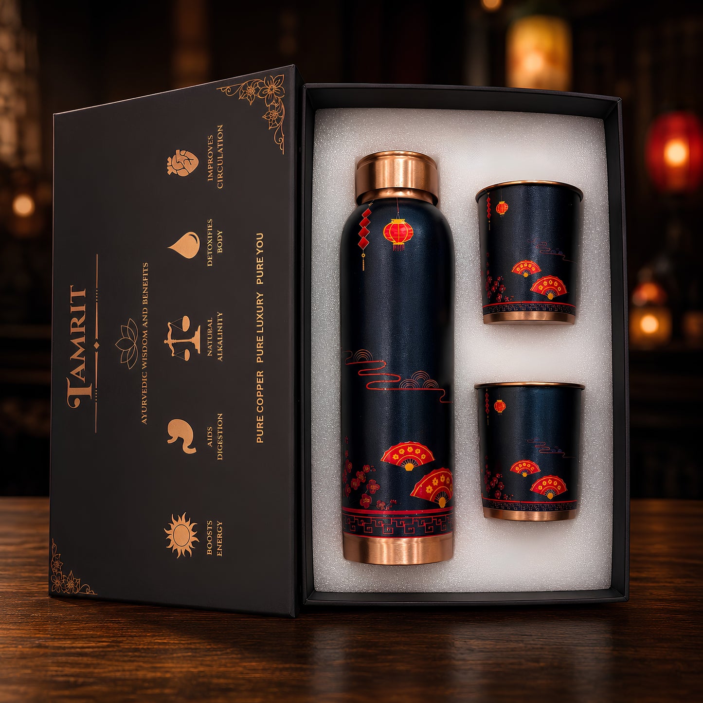 Tamrit copper bottle gift set in premium packaging with matching glasses