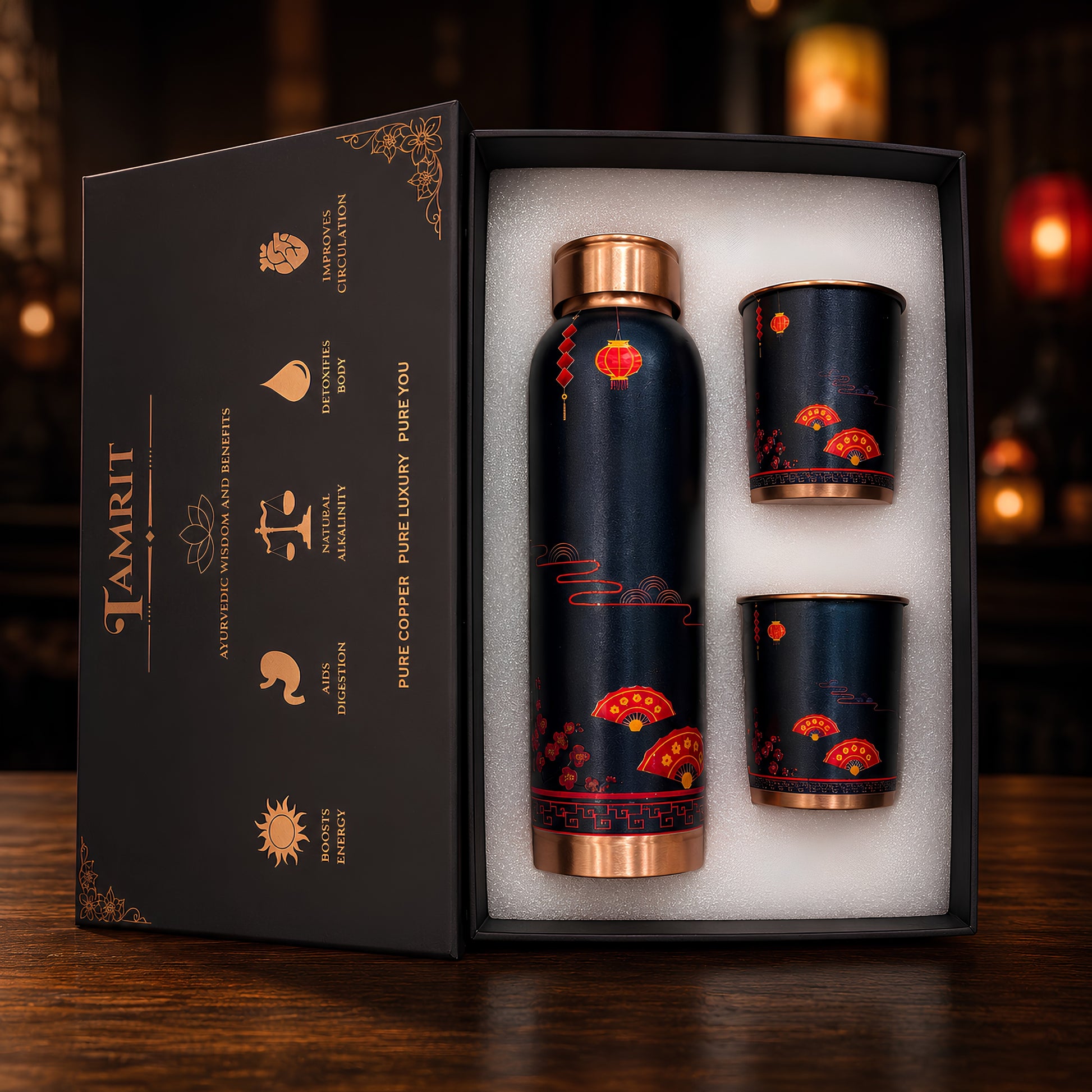 Tamrit copper bottle gift set in premium packaging with matching glasses