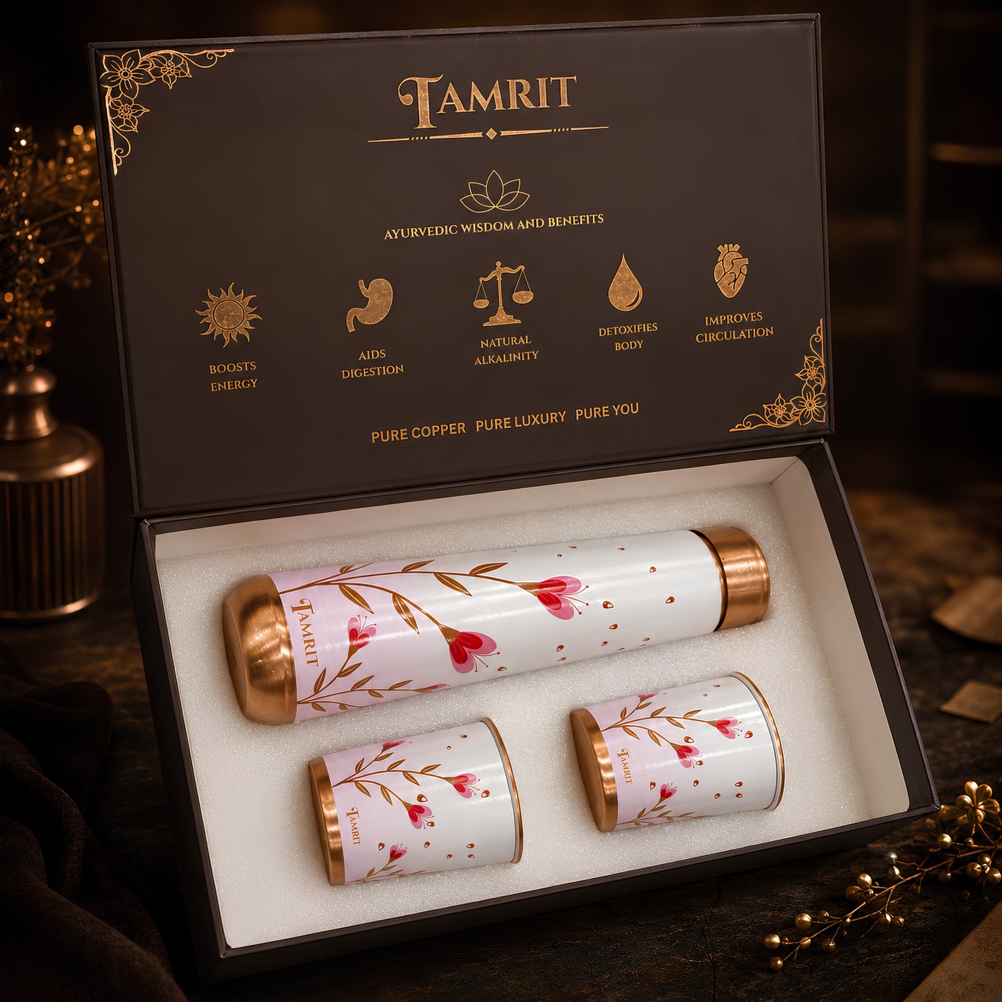 Tamrit copper bottle gift set packaging with matching glasses