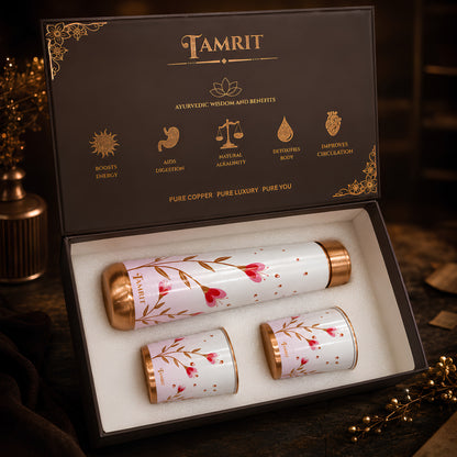Tamrit copper bottle gift set packaging with matching glasses
