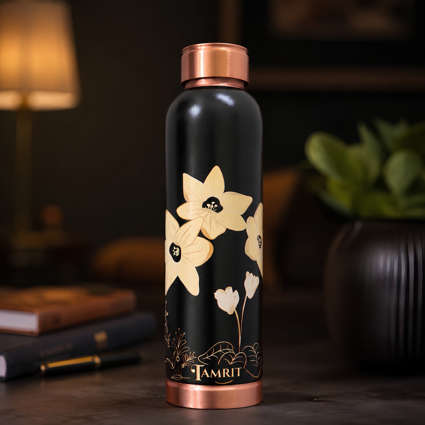 Tamrit CuPro matte Green copper water bottle with white floral design