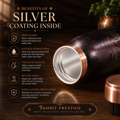 Close-up of pure copper bottle with 99.9% silver interior coating and Mahadev print