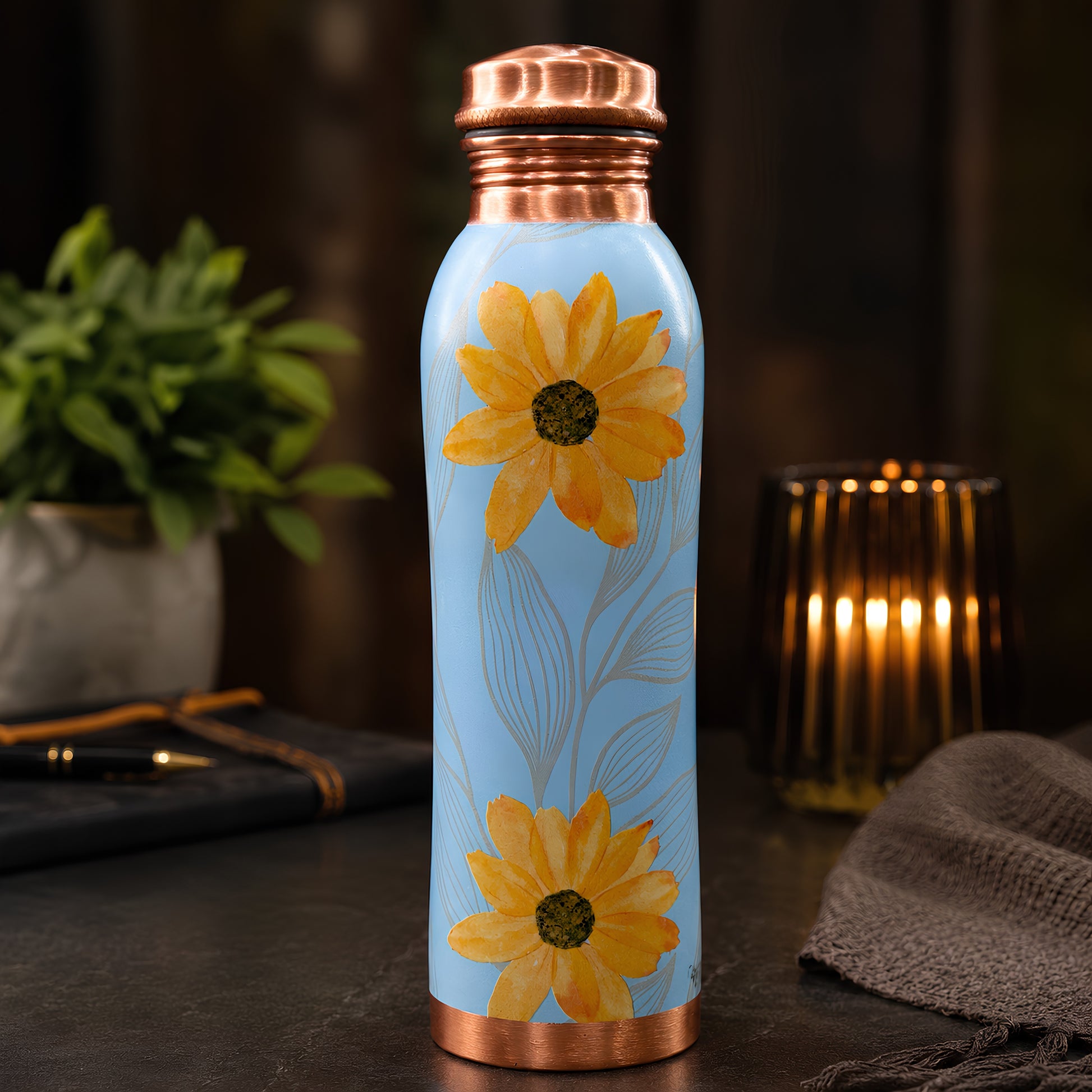 Tamrit CuFlow sky blue 1 Litre copper bottle with sunflower design