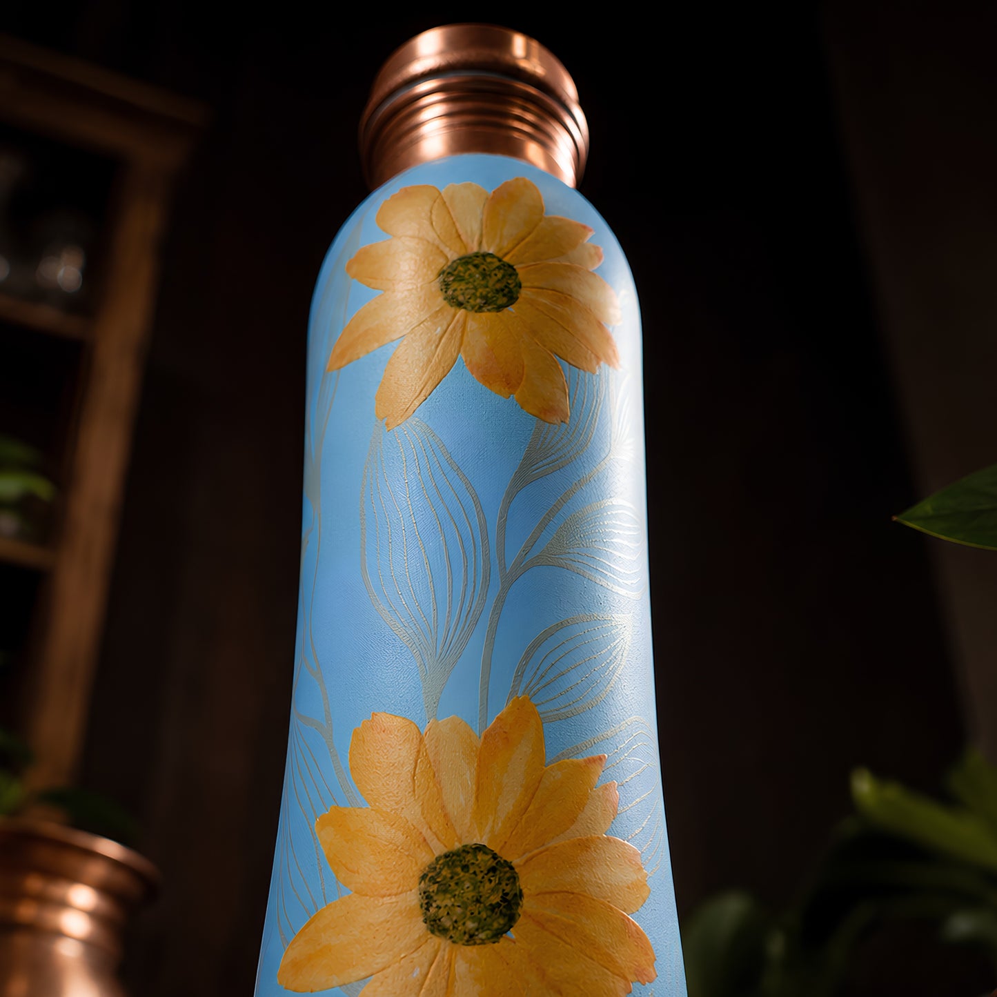 Tamrit CuFlow copper bottle standing view, sunflower print