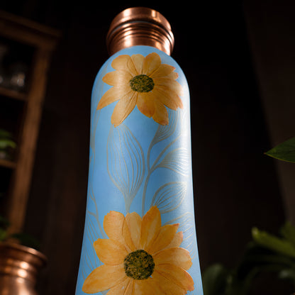 Tamrit CuFlow copper bottle standing view, sunflower print