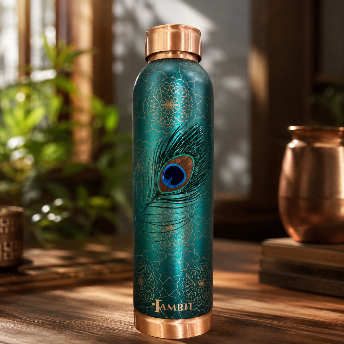 Tamrit Prestige Silver Coated Embossed Peacock Pure Copper Water Bottle 1000ml