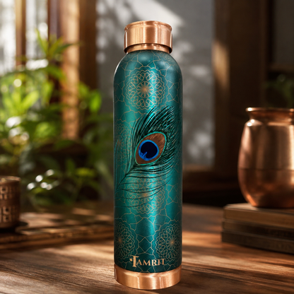 Tamrit Prestige Silver Coated Embossed Peacock Pure Copper Water Bottle 1000ml