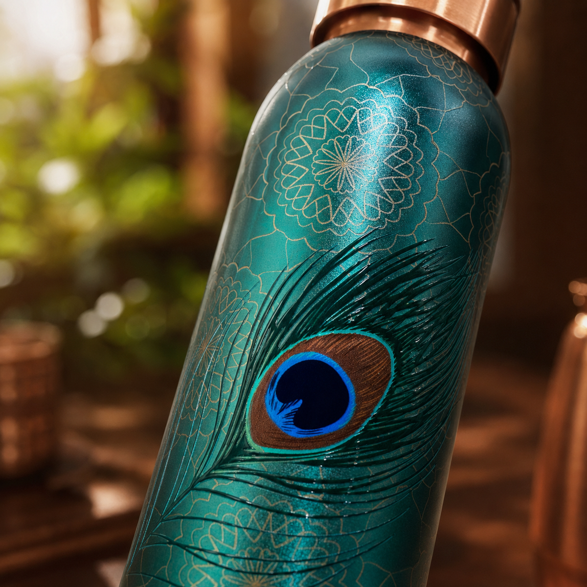 Tamrit Prestige Silver Coated Embossed Peacock Pure Copper Water Bottle 1000ml