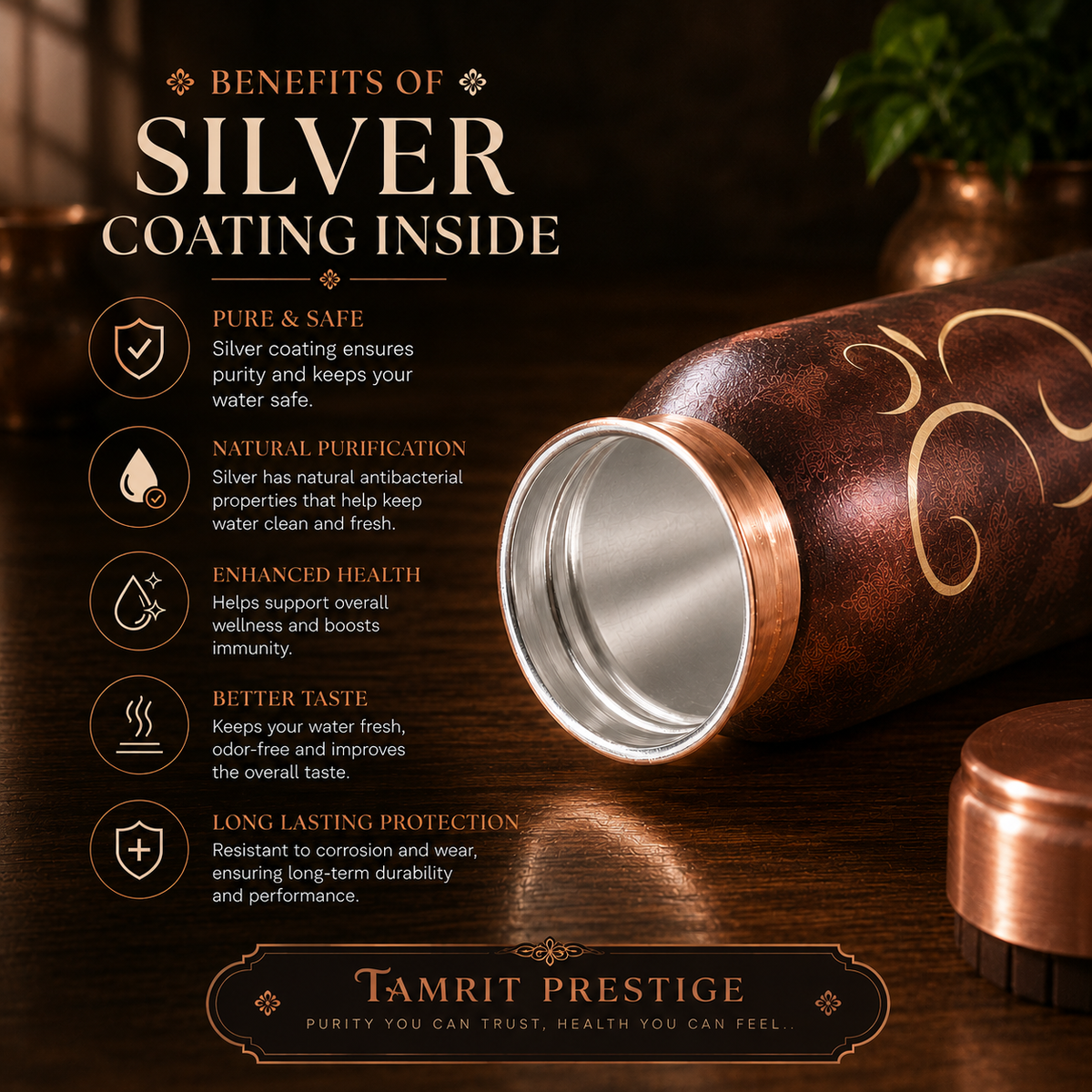 Tamrit Prestige Silver Coated Embossed Ganesha Pure Copper Water Bottle 1000ml