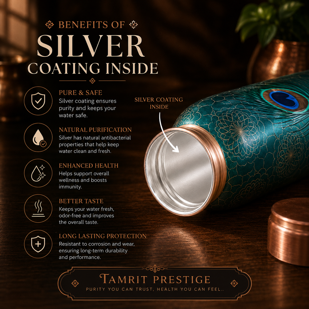Tamrit Prestige Silver Coated Embossed Peacock Pure Copper Water Bottle 1000ml